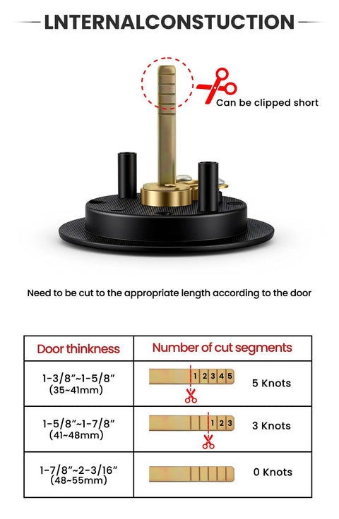 Matte Black Round Pocket Door Lock Set internal construction illustration with cutting guide for door thickness and bore size.