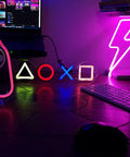 PS Controller Neon Light Sign for Gaming Rooms with Dimmer, LED wall decor glowing beside gaming setup and symbols