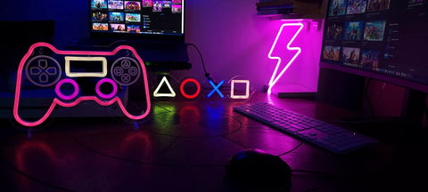 PS Controller Neon Light Sign for Gaming Rooms with Dimmer, LED wall decor glowing beside gaming setup and symbols