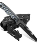 Beast Fixed Blade Knife With D2 Steel Blade And Toothed Spine For Outdoors full tang handle and ergonomic grip in sheath