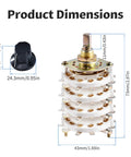 KCZ 4P8T Rotary Band Switch 4 Pole 8 Position 4 Deck For DIY Projects With 6mm Shaft, 0.3A 220V, High Quality Multi Pole Switch For Audio, Radio, And Electronics Builds. Dimensions shown with 24.3mm knob and 43mm switch body
