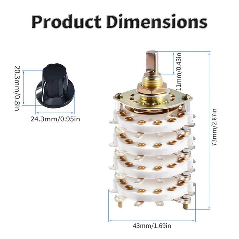 KCZ 4P8T Rotary Band Switch 4 Pole 8 Position 4 Deck For DIY Projects With 6mm Shaft, 0.3A 220V, High Quality Multi Pole Switch For Audio, Radio, And Electronics Builds. Dimensions shown with 24.3mm knob and 43mm switch body