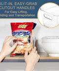 Person placing BBQ chips bag into clear plastic storage bins set, 12 pack for pantry, kitchen, office and fridge organization, BPA free and shatter resistant