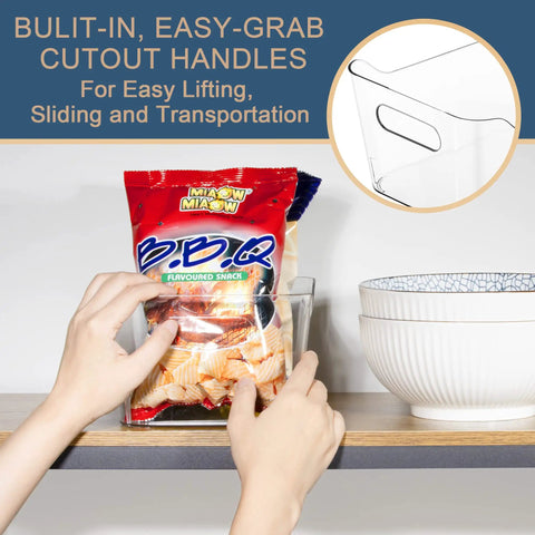 Person placing BBQ chips bag into clear plastic storage bins set, 12 pack for pantry, kitchen, office and fridge organization, BPA free and shatter resistant