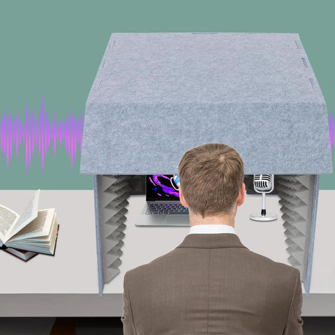Rock Solid Desktop Soundproof Vocal Recording Booth Cube Featuring Heavy Duty Acoustic Foam Panels For Podcast Mic Isolation and Zero Noise Interference, 23.6in size, used for clean audio.