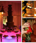 Multi Tier Chocolate Fondue Fountain With Steady Drip For House Parties And Buffets, showcasing chocolate flowing over tiers with fruits.