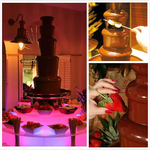 Multi Tier Chocolate Fondue Fountain With Steady Drip For House Parties And Buffets, showcasing chocolate flowing over tiers with fruits.