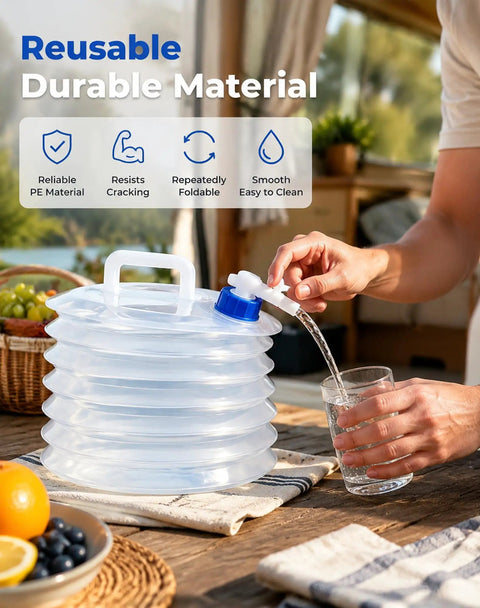 Collapsible Water Container With Spigot For Camping And Travel being used to pour water into a glass on a table.