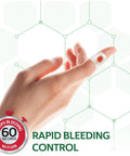 Hella Fast Halting Bleeding Gauze Wound Dressing Pads designed to seal cuts swiftly for minor scrapes on a finger.