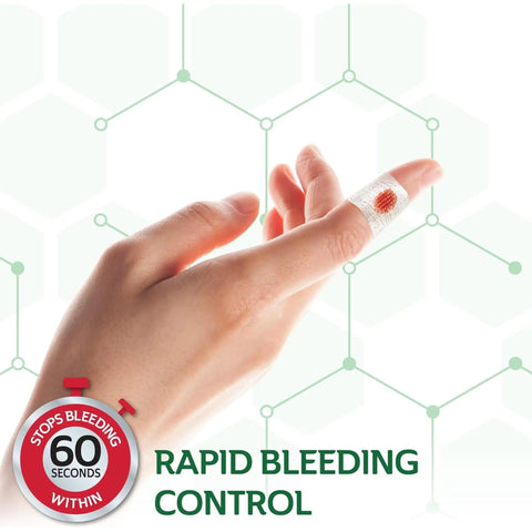 Hella Fast Halting Bleeding Gauze Wound Dressing Pads designed to seal cuts swiftly for minor scrapes on a finger.