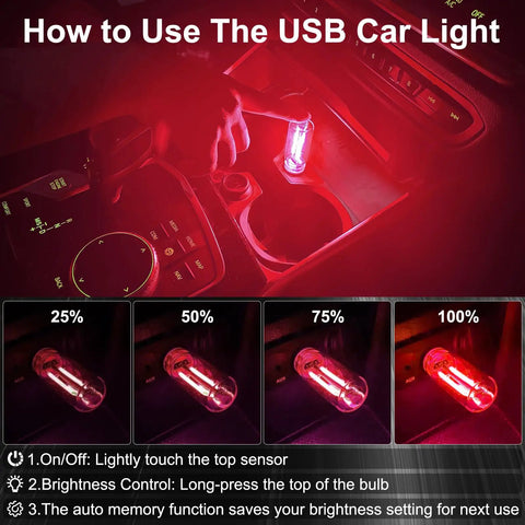 2 Pack Car USB Night Light Bulbs With Touch Dimmable Ambient Lighting For Vehicle Interiors And Home Decor Portable Mini USB Retro Glass Bottle Lamps In Red Great For Car Bedroom Hallway And Camping, showing brightness levels and use in vehicle console.