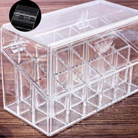 12 Pack Clear Acrylic Hinges Self Adhesive Transparent Piano Strips For Cabinet And Aquarium Lids Straight Up Durable Furniture Hardware No Sweat DIY Setup Smooth Finish 35X30MM in clear storage box with compartments.