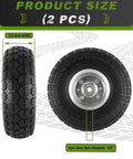 Image showing Flat Free Ten Inch Rugged Solid Rubber Wheel Set With Five Eighth Axle Bore And Two Point Two Inch Hub Offset Four Pack Of 4.10 3.50 4 Inch Wheels For Hand Trucks Wheelbarrows Garden Carts Dollies And Utility Carts Each Load Rated At 220 Lbs. showcasing front and side view, 10-inch diameter, and 5/8 axle bore.