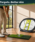 Person using Golf Chipping Net for Backyard Practice With Foldable Pop Up Frame Indoor Outdoor Training Aid Multi Target Practice Net