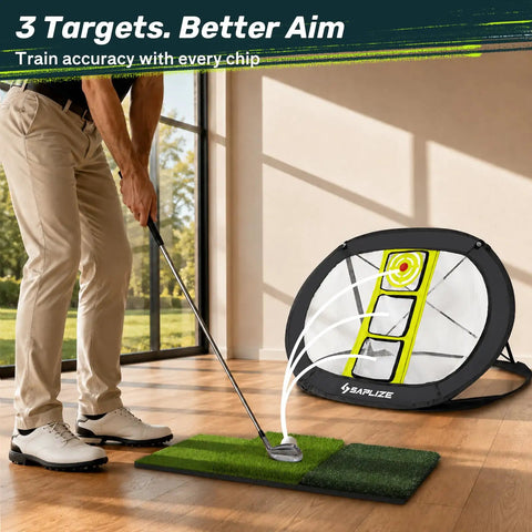 Person using Golf Chipping Net for Backyard Practice With Foldable Pop Up Frame Indoor Outdoor Training Aid Multi Target Practice Net