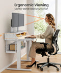 Ergonomic Electric Standing Desk 55 By 28 Inch Adjustable Sit Stand Workstation With Built In Bookshelf And Monitor Riser Featuring Cool LED Light Strip For Ultimate Home Office Gaming Setup Comfort And Style with monitor stand at 4.2 inches.