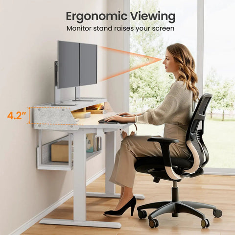 Ergonomic Electric Standing Desk 55 By 28 Inch Adjustable Sit Stand Workstation With Built In Bookshelf And Monitor Riser Featuring Cool LED Light Strip For Ultimate Home Office Gaming Setup Comfort And Style with monitor stand at 4.2 inches.