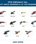 4.5-inch angle grinder compatibility banner with 11 brand icons
