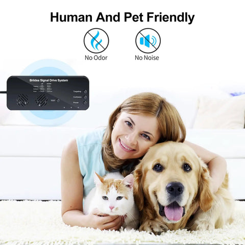 Woman with dog and cat showing Two Stage Ultrasonic Animal Deterrent System For Home Use High Efficiency Pest Repeller