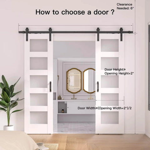 White Glass Double Barn Door 24 In x 84 In With 8 Ft Sliding Hardware Kit DIY Friendly Tempered Frosted Glass MDF Core with Eco Waterproof PVC installed in interior view