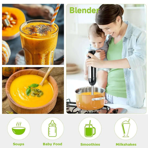 Four In One Stainless Steel Immersion Blender With 20 Variable Speeds And Turbo Boost blending soup in a pot.
