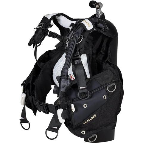Women's Axiom Jacket Style Dive BCD with Wrapture Harness and SureLock II Weight System in white gold, medium, side view.
