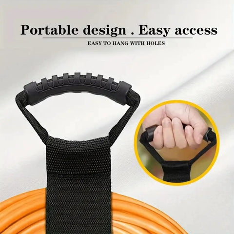 Versatile 17 Inch Adjustable Black Nylon Storage Strap with ergonomic handle holding orange garden hose, used for garage tools storage.