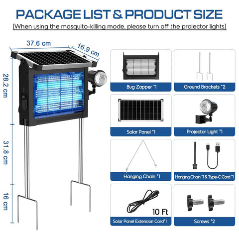 Outdoor Bug Zapper With Projector Lights For Patio And Garden 4500V Waterproof Mosquito Killer with solar panel and accessories