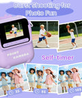 Totally Fun Kids Instant Print Camera With 1080P HD Photo Quality And On The Go Printing In Five Color Options For Playful Everyday Moments And Keepsakes Your Family Will Forever Love, purple kids print camera showing burst shooting and self-timer