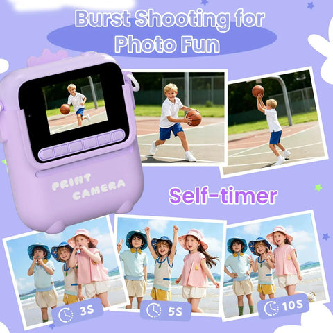 Totally Fun Kids Instant Print Camera With 1080P HD Photo Quality And On The Go Printing In Five Color Options For Playful Everyday Moments And Keepsakes Your Family Will Forever Love, purple kids print camera showing burst shooting and self-timer