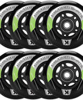 8 Pack Inline Skate Wheels Replacement Set In 72mm 76mm And 80mm Sizes With ABEC9 Bearings For Indoor Outdoor Rollerblades Derby And K2 85A Hardness Includes Bearings And Spacers For Quick Easy Swap showing wheels in a stack