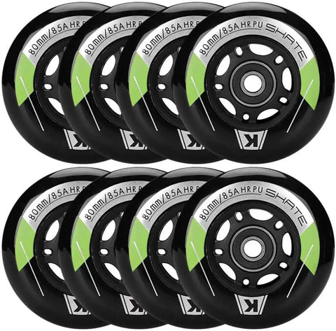8 Pack Inline Skate Wheels Replacement Set In 72mm 76mm And 80mm Sizes With ABEC9 Bearings For Indoor Outdoor Rollerblades Derby And K2 85A Hardness Includes Bearings And Spacers For Quick Easy Swap showing wheels in a stack