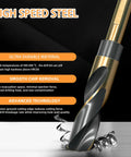 5/8 Inch Drill Bit With Reduced Shank Engineered For Metal Wood And Plastic Premium High Speed Steel showing black and gold coating.