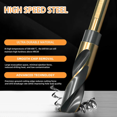 5/8 Inch Drill Bit With Reduced Shank Engineered For Metal Wood And Plastic Premium High Speed Steel showing black and gold coating.