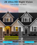 Exterior house showing 2K Ultra HD night vision of 4G LTE Solar Powered Wireless Cellular Security Camera With PIR Motion Sensor PTZ Speed Dome SIM Card Data Battery Powered Weatherproof No WiFi Needed Two Way Audio 2K HD Footage Total Wire Free Outdoor Surveillance, in color and black-and-white view