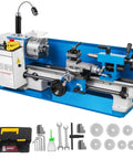 Bench Top Mini Metal Lathe 7x14 Inch Variable Speed Milling Machine With Lamp, compact tool, blue finish, includes accessories.