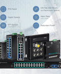 Unmanaged Industrial 16 Port Gigabit PoE Plus DIN Rail Switch For Rugged Networks Plug And Play Supporting 10 100 1000 Mbps Lifetime Protection NDAA Compliant TI PG160 front view with ports and features displayed