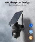 4K Solar Wireless Outdoor Security Camera With 360 Degree Pan Tilt 8MP Color Night Vision 2.4GHz And 5GHz WiFi 6 mounted outdoors