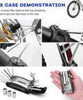 16-In-1 Motorcycle And Bike Repair Tool Kit shown in various maintenance uses with foldable multitool and hex wrenches.