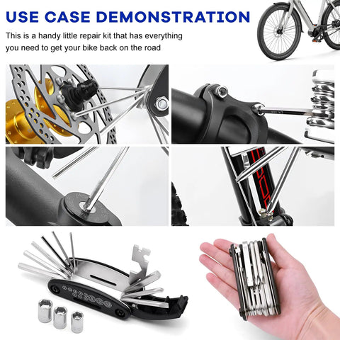 16-In-1 Motorcycle And Bike Repair Tool Kit shown in various maintenance uses with foldable multitool and hex wrenches.