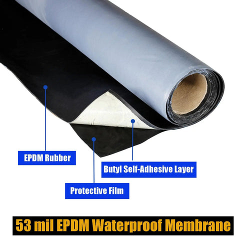 Heavy Duty Epdm Rubber Roofing Membrane Drop Dead Easy Peel And Stick Self Adhesive Flashing Roll, showing 53 mil thick waterproof EPDM roll.