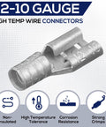 High Temperature Female Non Insulated Spade Connectors Pro Grade 100 Pack For 12 To 10 Gauge Quick Disconnect One Quarter Inch Female Tab Wire Splice Connectors For Strong Crimps In Electrical Terminals