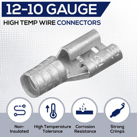 High Temperature Female Non Insulated Spade Connectors Pro Grade 100 Pack For 12 To 10 Gauge Quick Disconnect One Quarter Inch Female Tab Wire Splice Connectors For Strong Crimps In Electrical Terminals