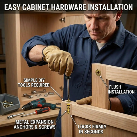 Man installing a 6x14mm Short Expansion Screw Set for Cabinet Hinge Repair and Loose Hole Fix with a screwdriver.