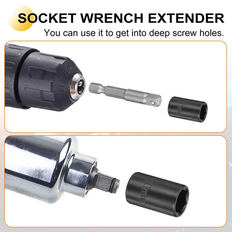 Deep 6-Point Impact Socket Set With 1/4-Inch Drive For Hard Metal Jobs Including The Perfect 4.5mm Metric Size Measuring Two Inches Long Made From Tough CR-V Steel To Crush Any Tough Job You Got, socket extender shown