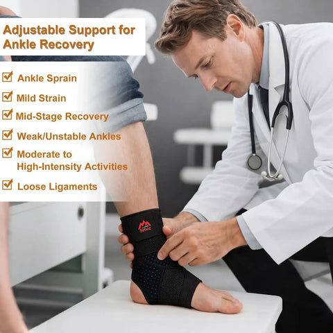Doctor adjusting Two Pack Adjustable Ankle Brace For Sprains And Recovery Breathable Neoprene Support on patient's foot