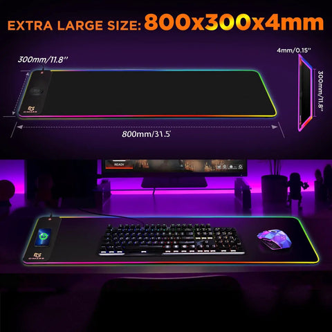 RGB Gaming Mouse Pad With 15W Wireless Charging Hella Large Non Slip Desk Pad For Gaming 10 Light Modes Premium Smooth Surface Oversized Mouse Mat For PC Office And Home Setup 31.5 By 11.8 Inches on a desk with keyboard and mouse.