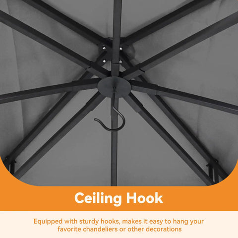 Backyard Party Ready 11x13 Foot Outdoor Gazebo ceiling hook, showing heavy-duty metal frame under double roof layer