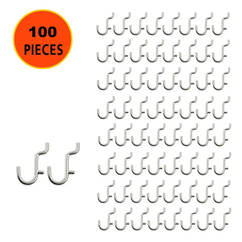 100 Pack Super Value Metal Pegboard J Hooks Set For Jewelry Organization Wall Display Pegboard Accessories For One Eighth Inch And One Quarter Inch Boards With One Inch Spacing Nickel Plated Corrosion Resistant Durable And Easy To Install