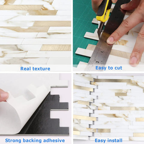Peel And Stick Backsplash Tiles Marble Calacatta With Metal Gold Finish, easy to cut, strong adhesive, realistic texture tiles.